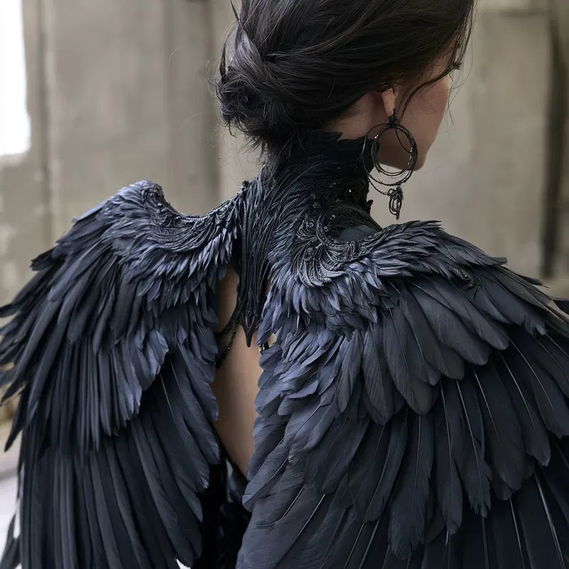 Elegant dark feathered wings costume in a moody artistic setting