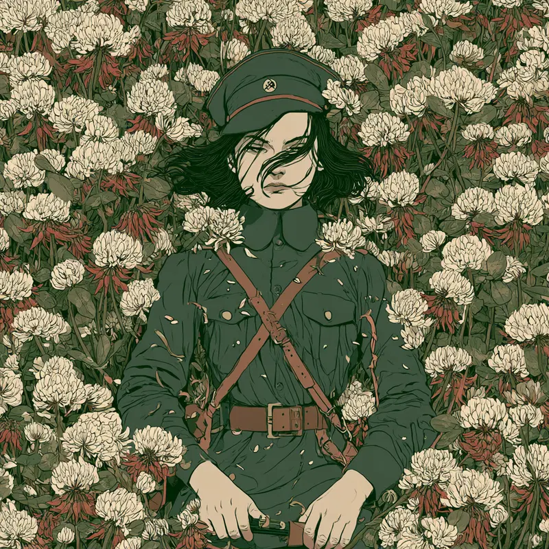 Illustration of a woman in military attire lying in a field of blooming flowers