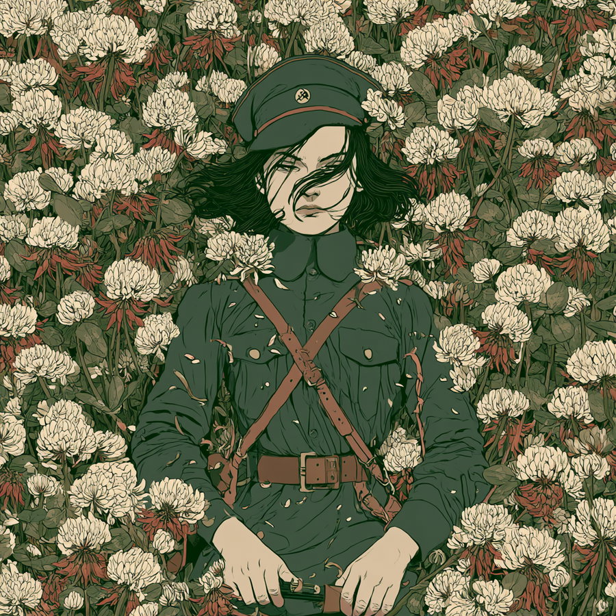 A detailed drawing of a woman wearing a dark green military uniform and hat, lying amidst numerous white and red flowers with green leaves, with petals scattered around her