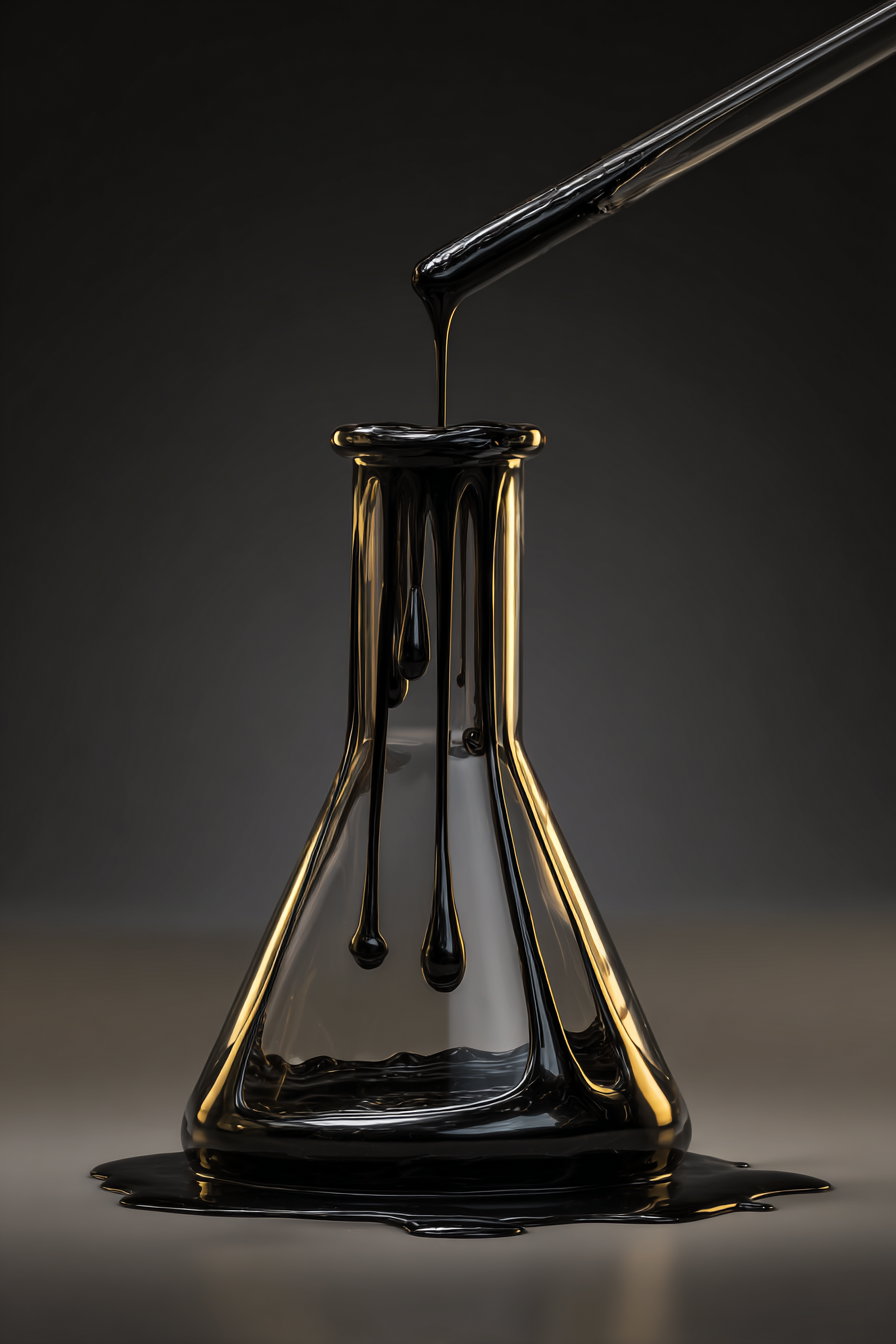A glass pipette dripping glossy black liquid into a glass beaker with black liquid spilling over the edges on a dark background