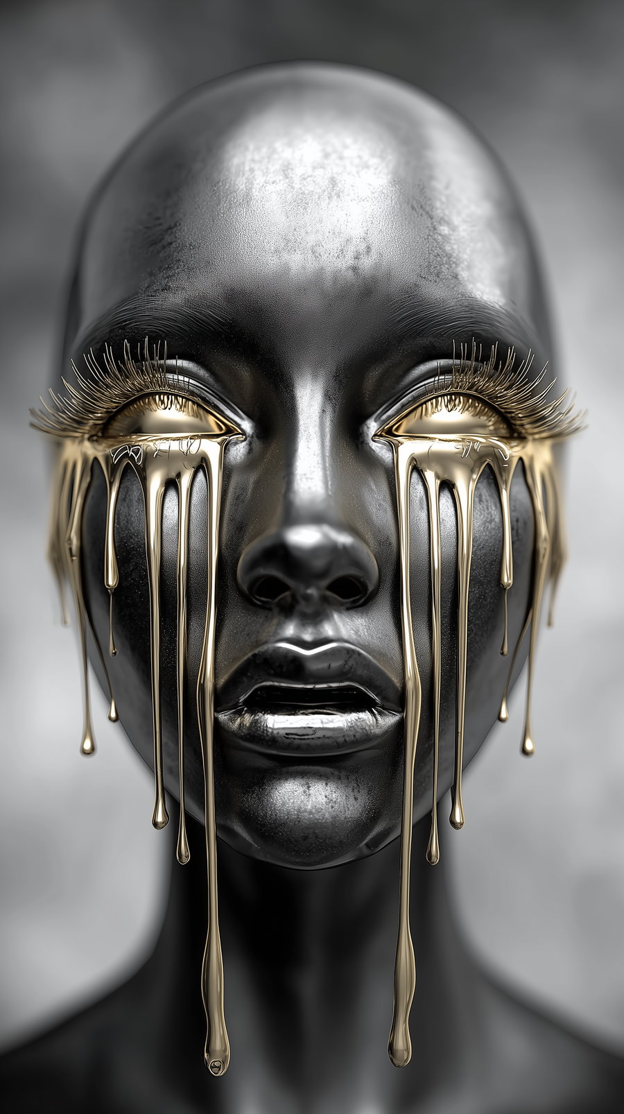 Black metallic stylized face with golden eyes and melting golden tears flowing down the cheeks