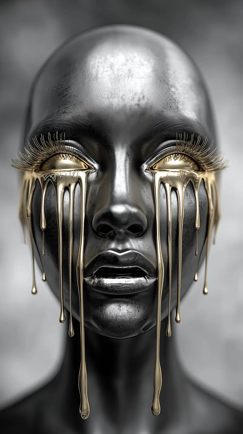 Surreal and moody portrait of a black metallic face with golden tears