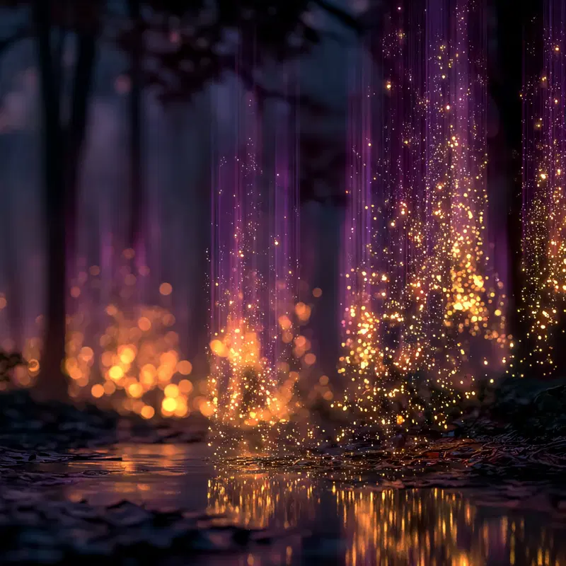 Magical forest scene with ethereal glowing lights and dark ambient tones
