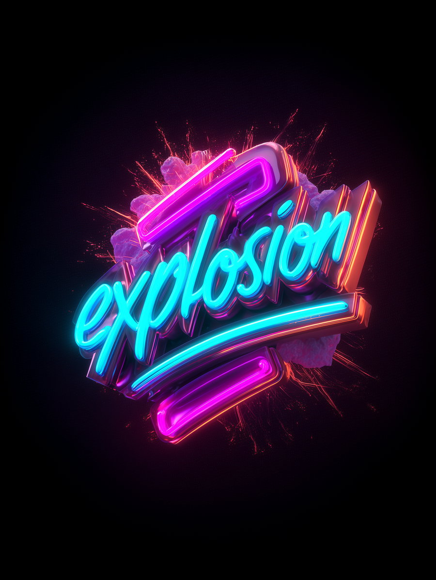 3D neon-style glowing word explosion with pink and blue colors and fiery splashes on dark background