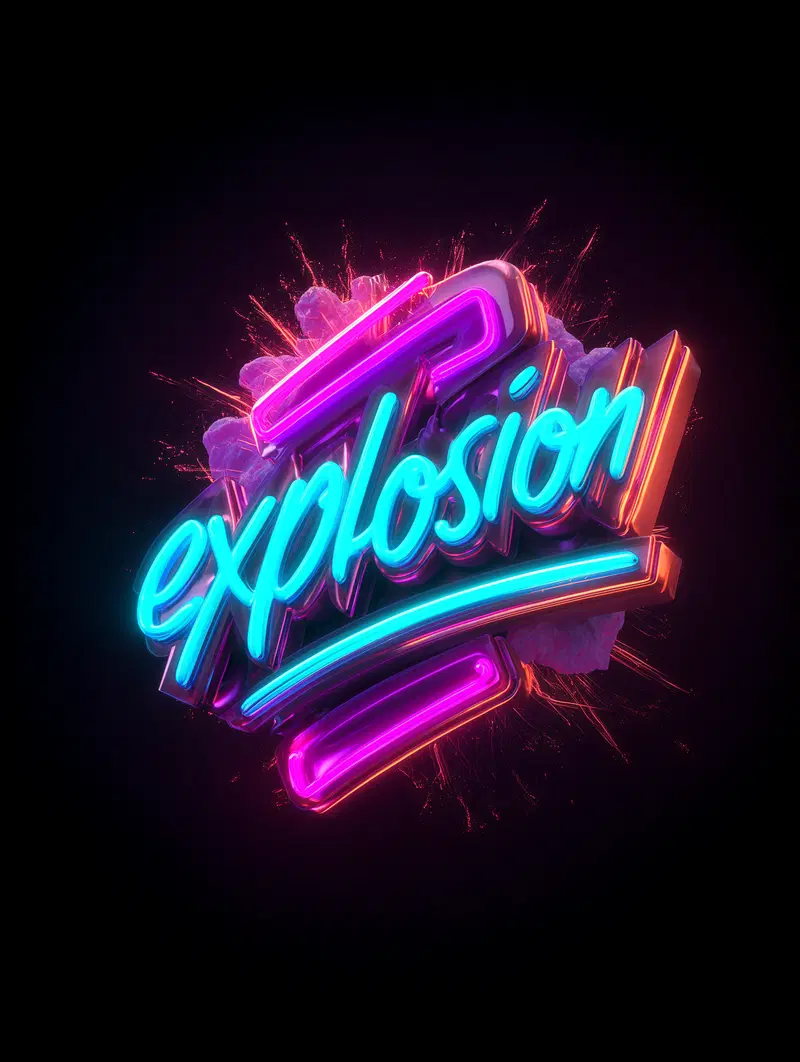 Vibrant neon text explosion art with bright glowing colors on black background