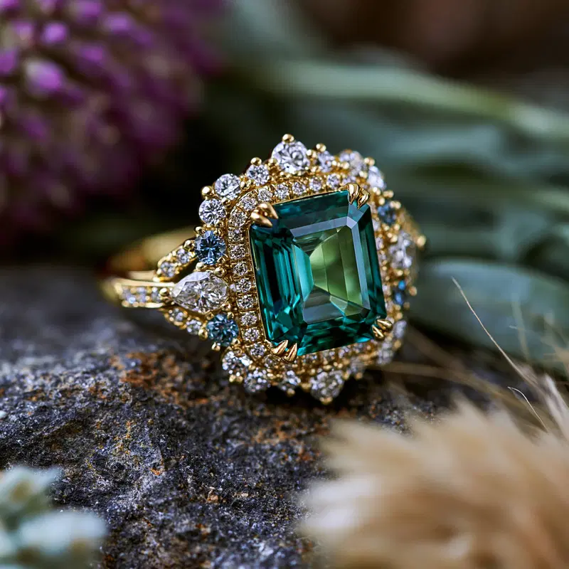 Close-up of an elegant gold ring with green gemstone and diamonds on rock
