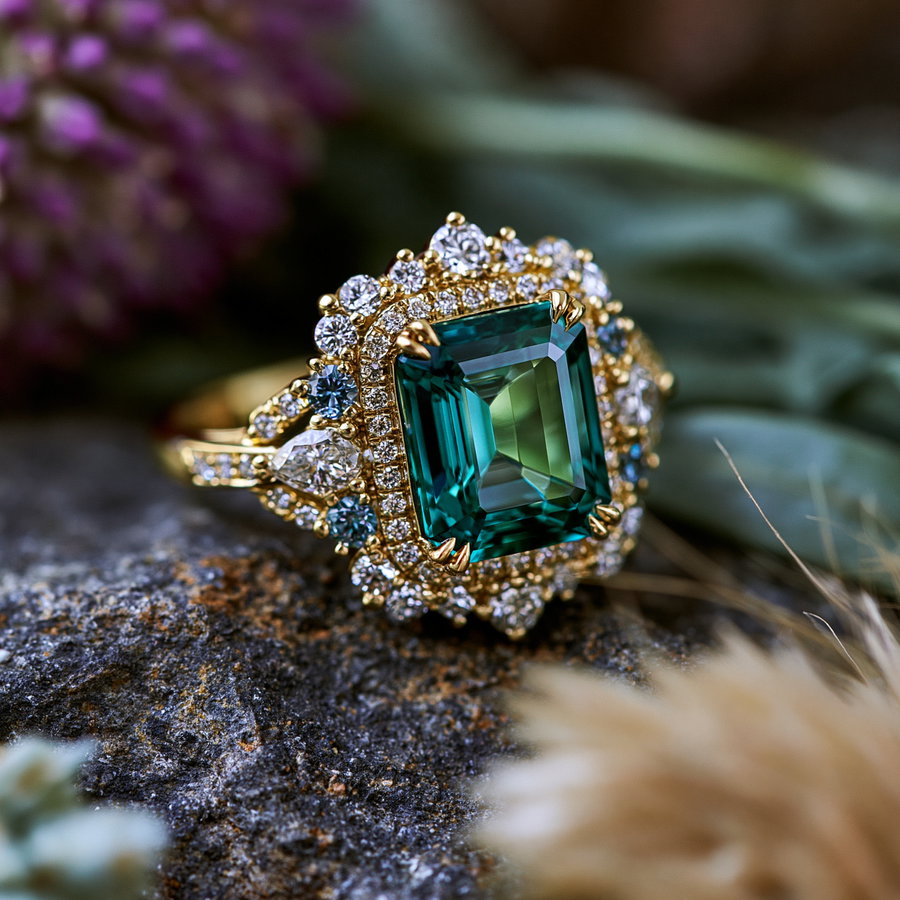 A detailed view of a gold ring featuring a large emerald-cut green gemstone surrounded by smaller diamonds, placed on a textured rock surface with blurred natural elements in the background