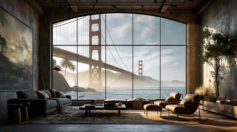 Modern living room with large window framing the Golden Gate Bridge view