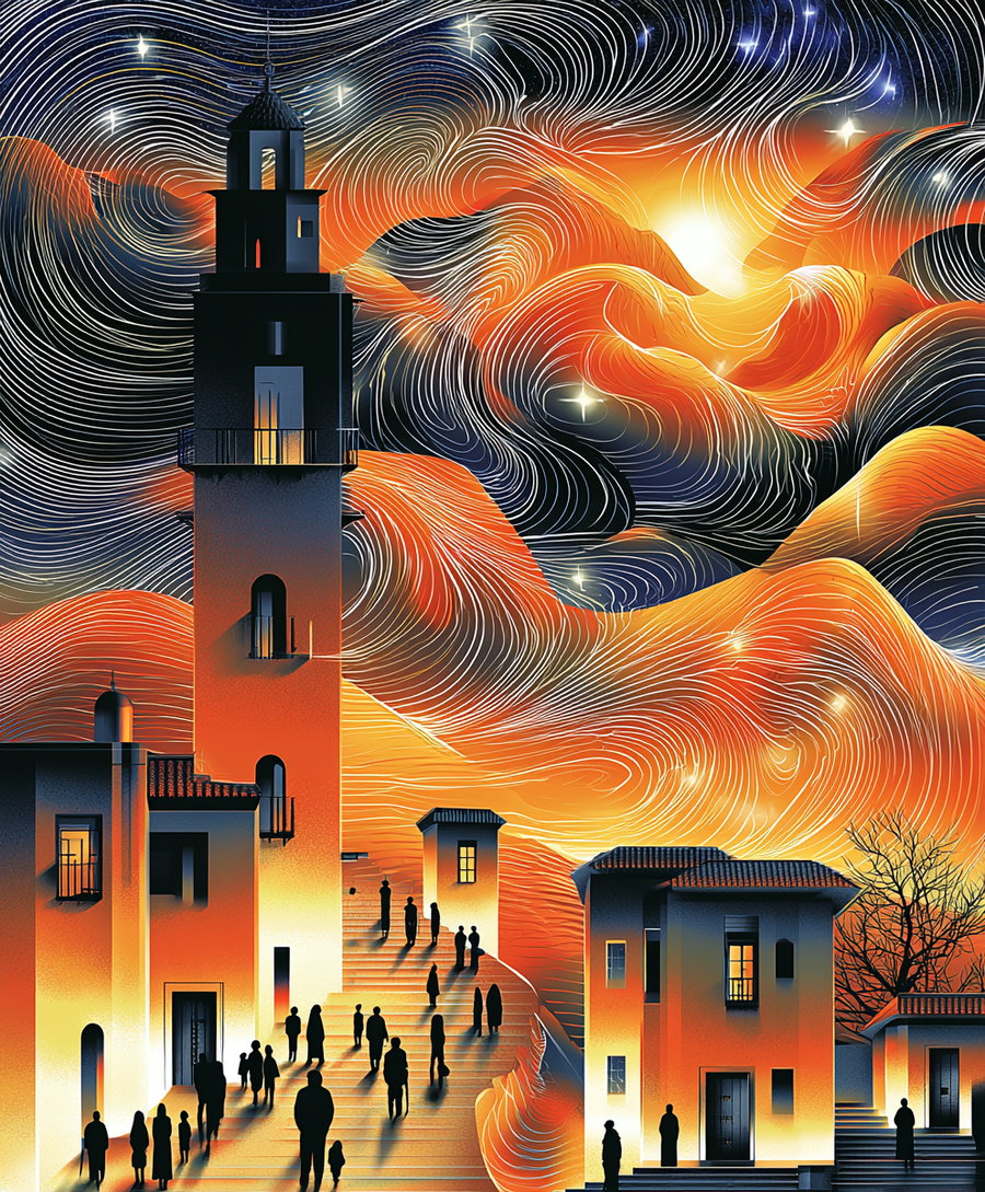 Fantasy scene with a tall tower, several buildings, people silhouettes on steps, and a vibrant swirling sunset sky with stars