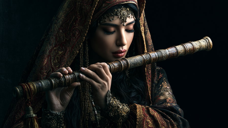 A woman wearing richly detailed vintage clothing and jewelry playing a carved wooden flute against a dark background