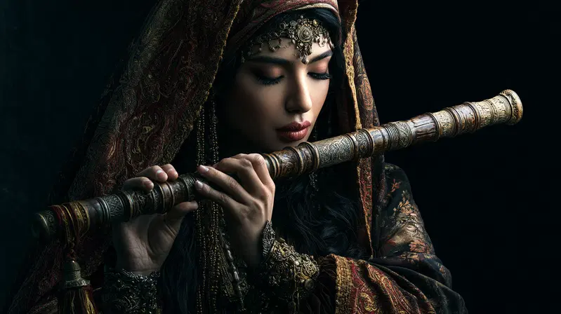 Portrait of a woman playing a wooden flute dressed in vintage ornate attire