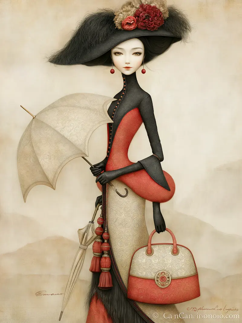 Elegant vintage-style portrait of a woman in classic romantic attire with parasol
