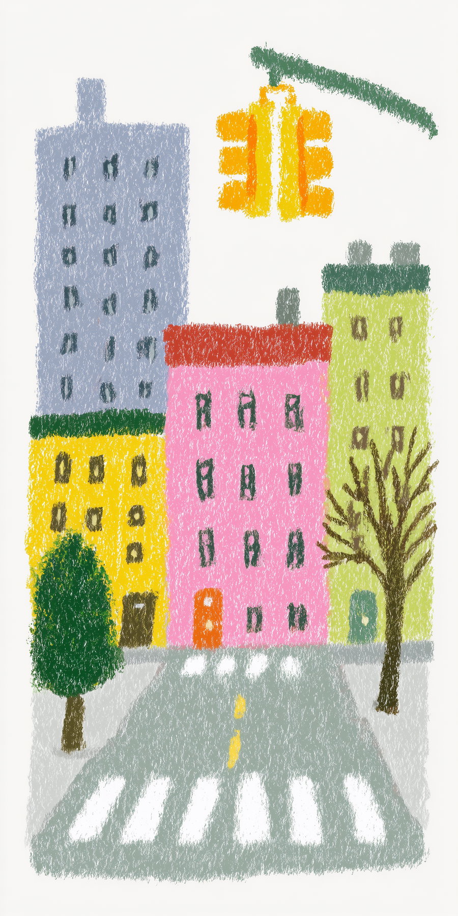 Crayon drawing of a street scene with tall colorful buildings, a yellow traffic light, a tree without leaves, a green tree, a grey road, and a white pedestrian crosswalk