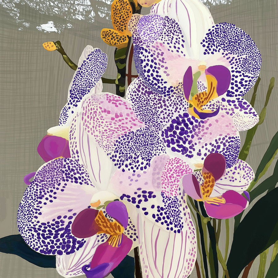 An artistic floral print showing close-up of white orchids with purple spots and vibrant pink and yellow centers against a muted textured background