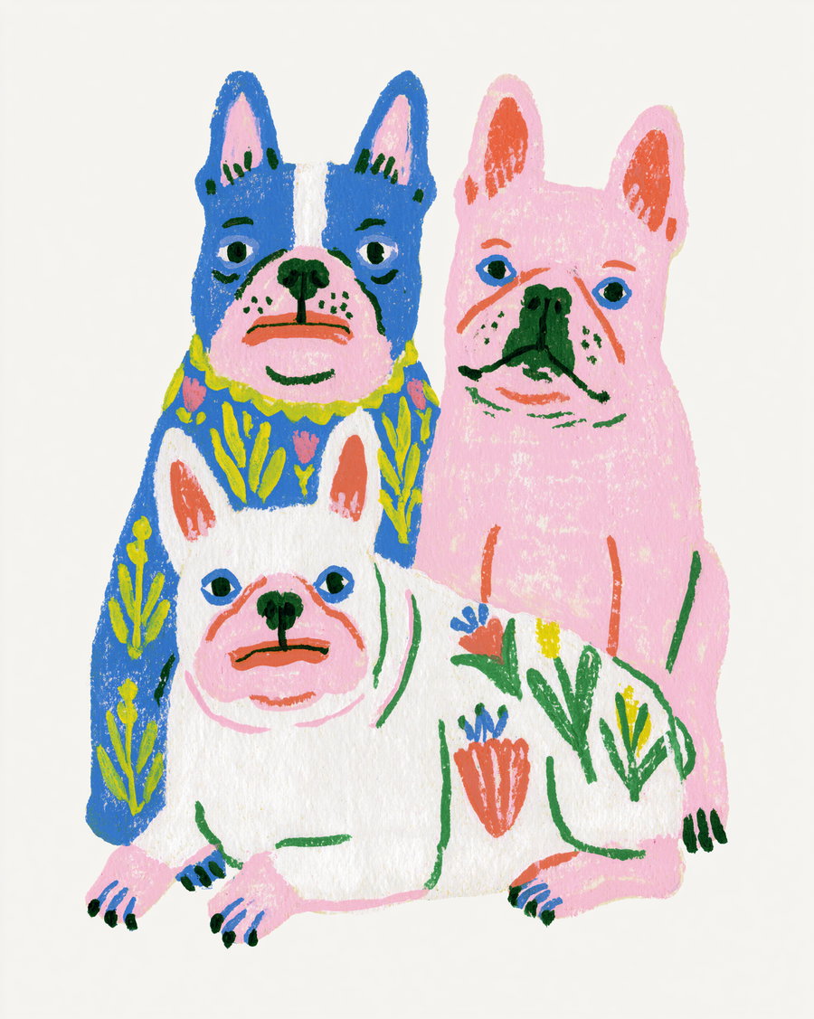 Illustration of three French bulldogs in pink, blue, and white colors with stylized floral designs on their bodies and neutral background
