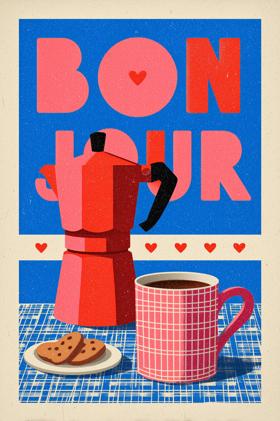 Illustration of a red coffee pot, a pink checkered coffee mug filled with coffee, and a small plate with two chocolate chip cookies on a blue checkered tablecloth, with the word BONJOUR in large letters in the background with small red hearts