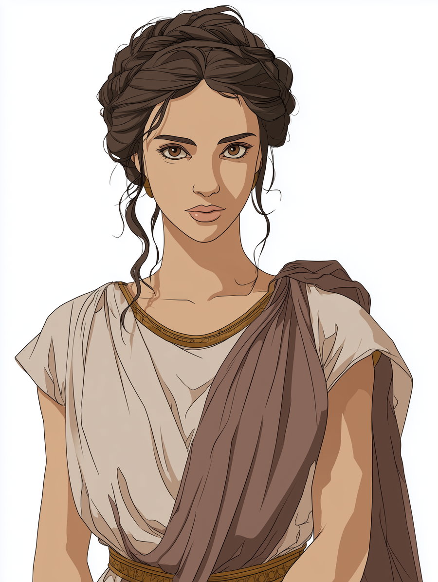 A digital illustration of a woman with brown braided hair, brown eyes, and wearing a white and brown classical draped garment with gold trim