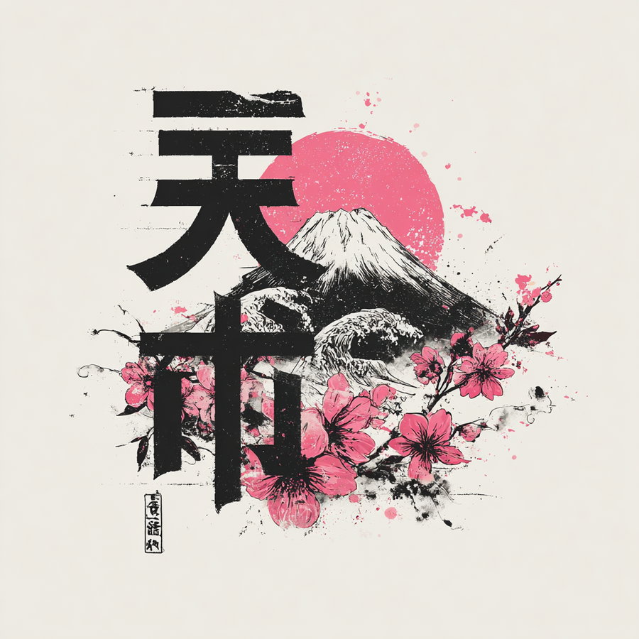 Artistic depiction of Mount Fuji with a pink sun background, pink cherry blossoms, and Japanese calligraphy characters