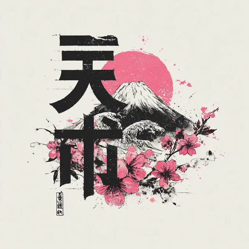 Japanese inspired art with Mount Fuji, cherry blossoms, and calligraphy