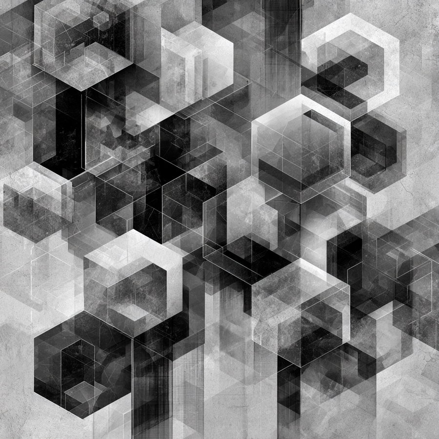 Black and white abstract artwork featuring overlapping translucent 3D geometric cube shapes with varied shades and textures on a textured background