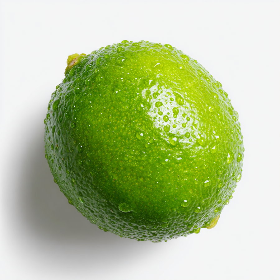 A single green lime with water droplets on a white background