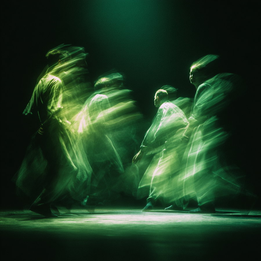Blurred green-tinted silhouettes of five people walking in different directions on a dark background with a spotlight effect on the floor