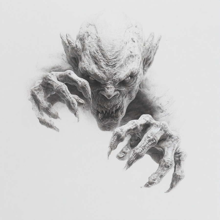 A highly detailed black and white pencil art depicting a monstrous creature with a fierce expression and elongated clawed hands reaching forward