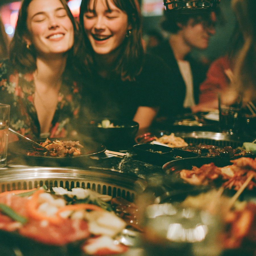 Two women smiling and enjoying food at a restaurant table with a hot grill and various dishes in front of them, blurred background with other diners