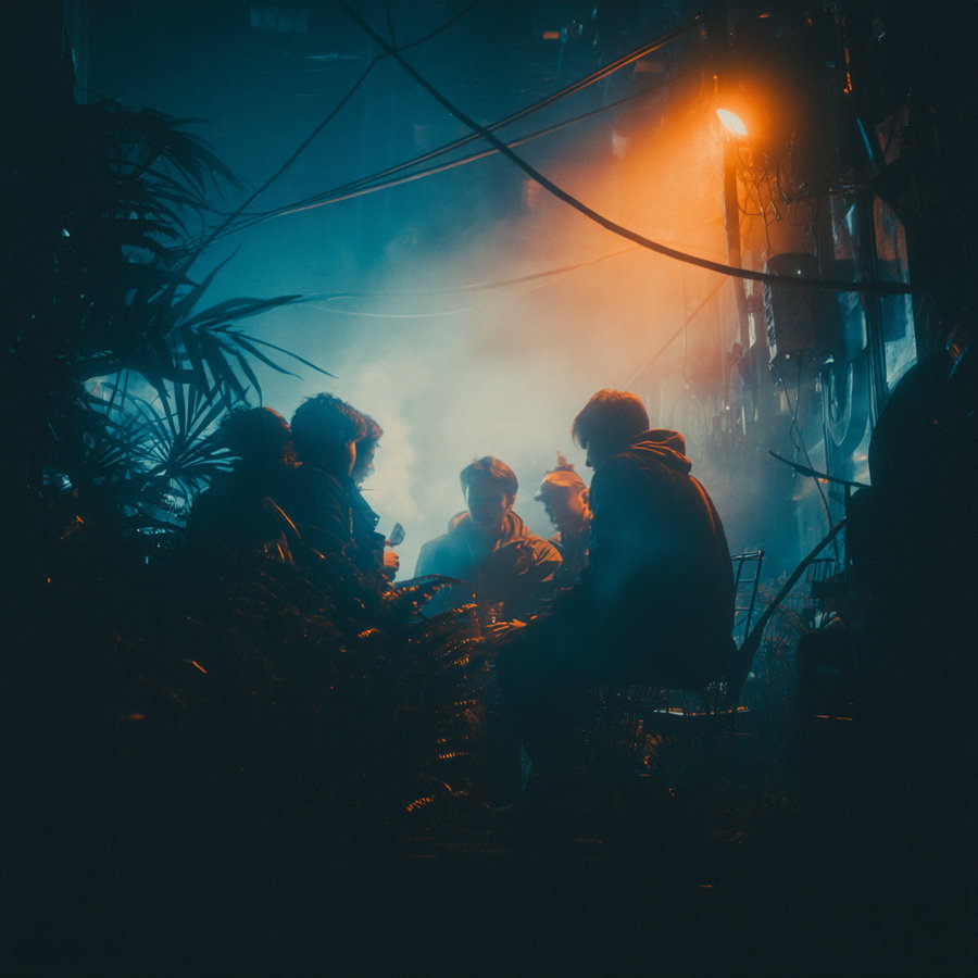 Silhouettes of a group of people sitting together surrounded by plants with blue and orange lighting and misty atmosphere