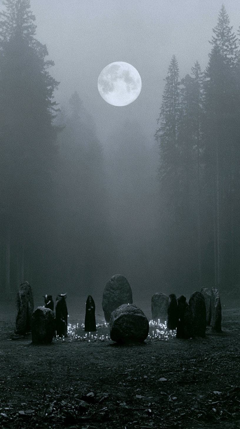 circle of standing stones with people in dark cloaks among lit candles in misty forest clearing under bright full moon