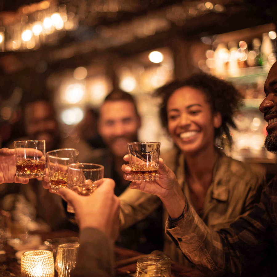 A group of friends raising glasses for a toast in a warmly lit bar with blurred background