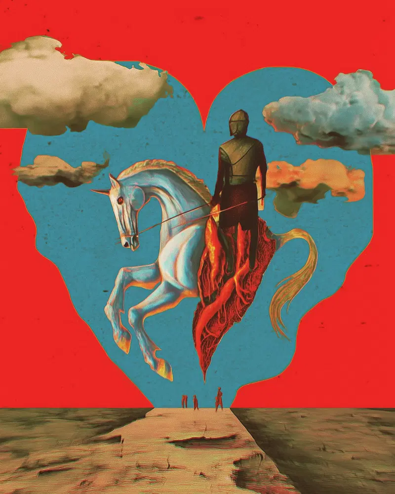Surreal artwork of a knight riding a unicorn with a red and blue heart background