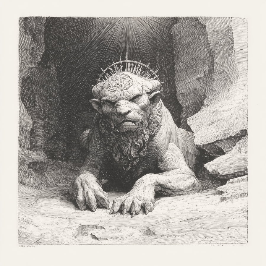 A finely detailed black and white etched artwork of a large mythical lion-like creature with a crown made of swords lying in a rocky cave.