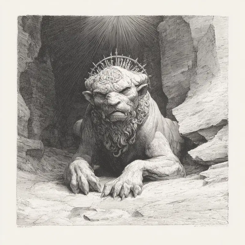 Intricately detailed black and white print of a mythical lion with crown in cave