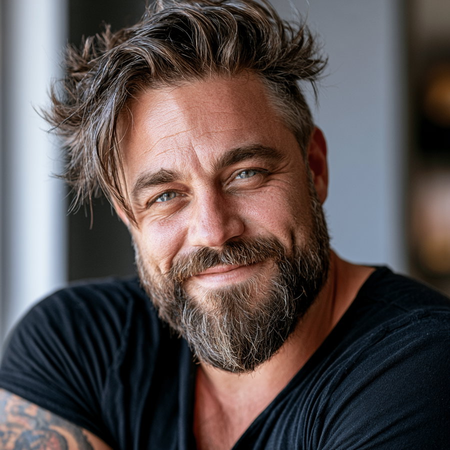 A close-up photo of a man with a full beard and messy hair, smiling softly, wearing a black shirt, with blue eyes and visible tattoos on his arm.