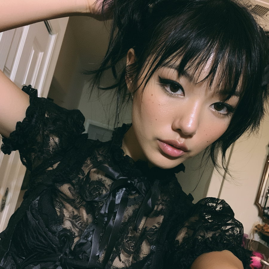 A close-up photo of a woman with black hair in pigtails wearing a sheer black lace top with satin ribbon, dramatic winged eyeliner, and soft makeup in an indoor setting.