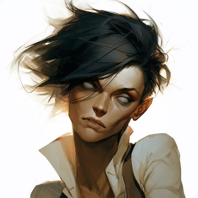 Digital painting of a dark-haired person with ghostly white eyes in expressive brushstrokes