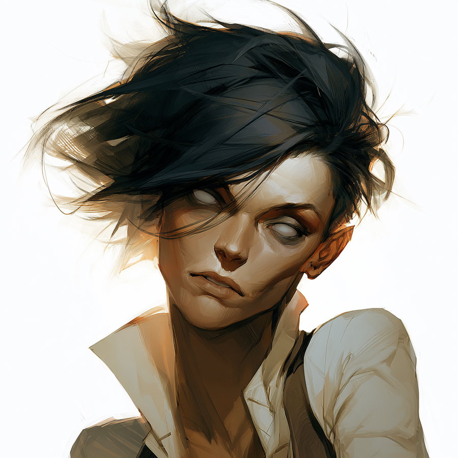 Portrait of a person with tousled black hair, pale skin, and glowing white eyes, wearing a white shirt and dark vest