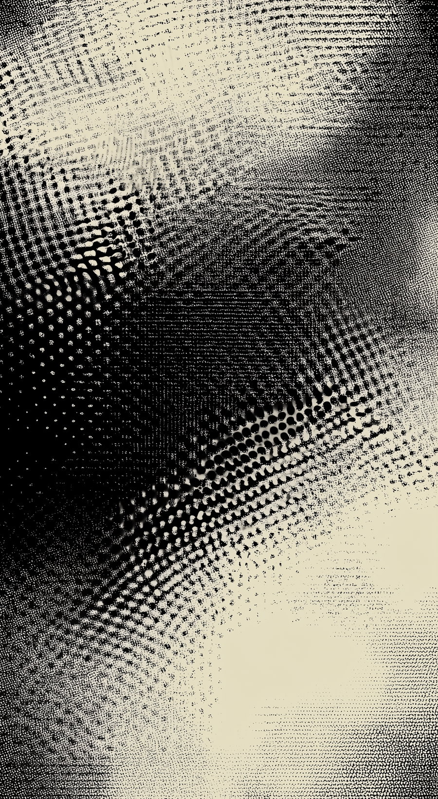 Abstract image with a mix of small black dots and lines forming a halftone pattern on a beige background