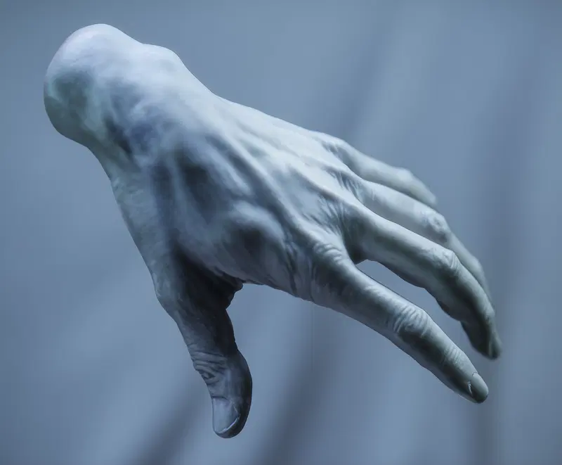 Fine art print of a detailed blue-tinted artistic hand sculpture