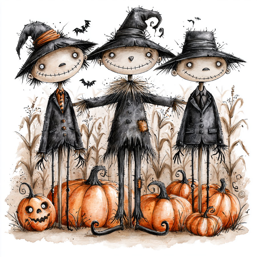 Three spooky scarecrow figures with stitched smiles and tall black hats standing in a pumpkin patch with bats flying nearby, all drawn in a rustic watercolor style with orange and black tones.