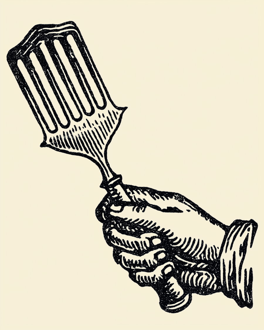Black and white vintage style illustration of a hand holding a chef's spatula on a plain background