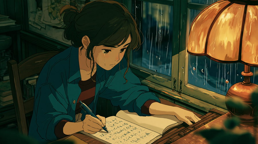 An illustrated young woman with tears on her cheeks writing in a notebook by a wooden desk with a glowing table lamp, with rain droplets visible on the window behind her.