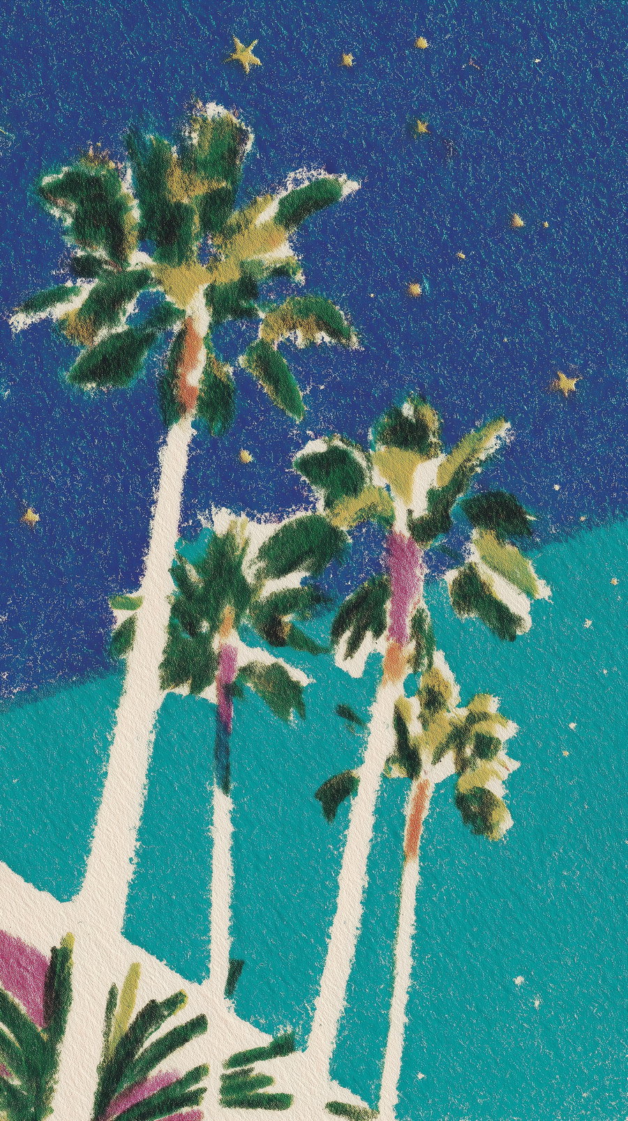 Digitally textured artwork showing several palm trees with green leaves and white trunks against a deep blue sky with scattered yellow stars