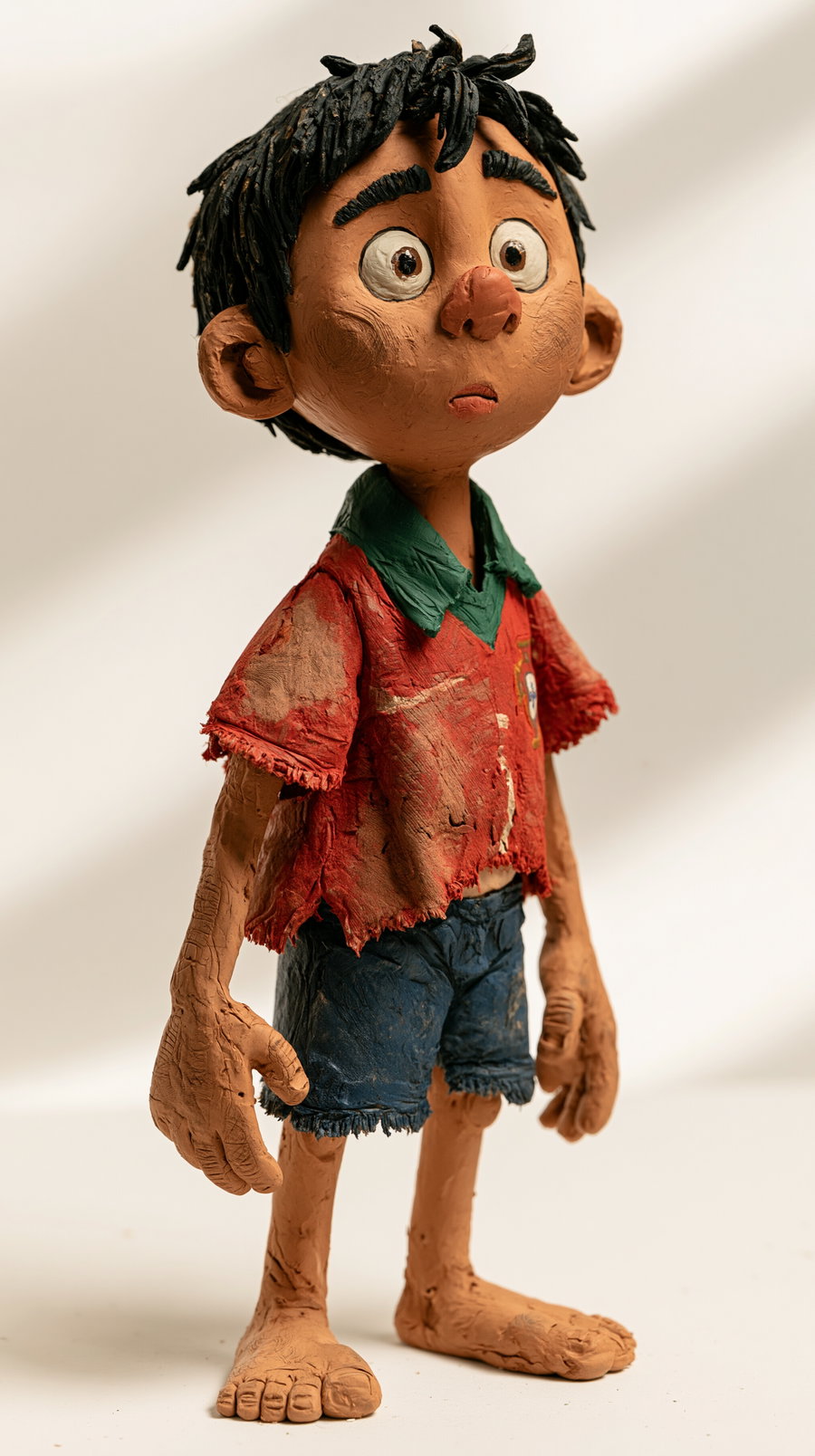 Handcrafted character figurine sculpture with large eyes, textured hair, wearing a red shirt and blue shorts, standing barefoot against a plain background