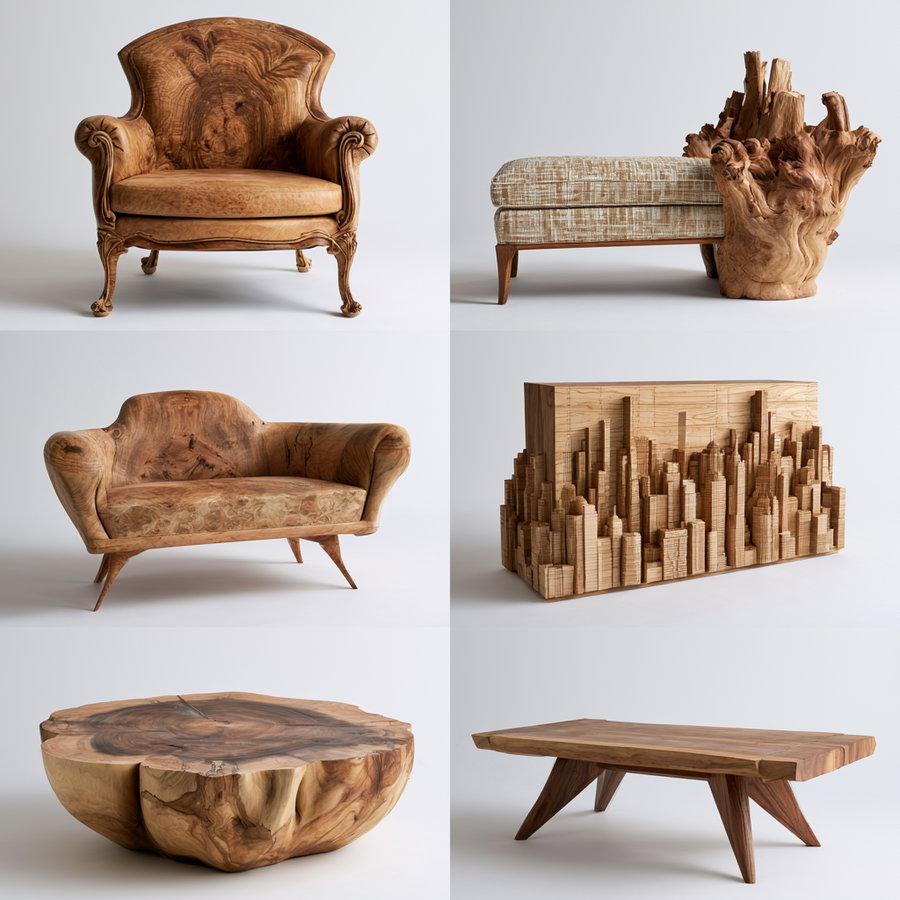 An arrangement of six unique wooden furniture pieces, showcasing a variety of designs including a carved armchair, a modern sofa with textured upholstery, a sculptural bench, an artistic cabinet resembling city skyscrapers, a round coffee table with a hollow center, and a sleek wooden table with angled legs.