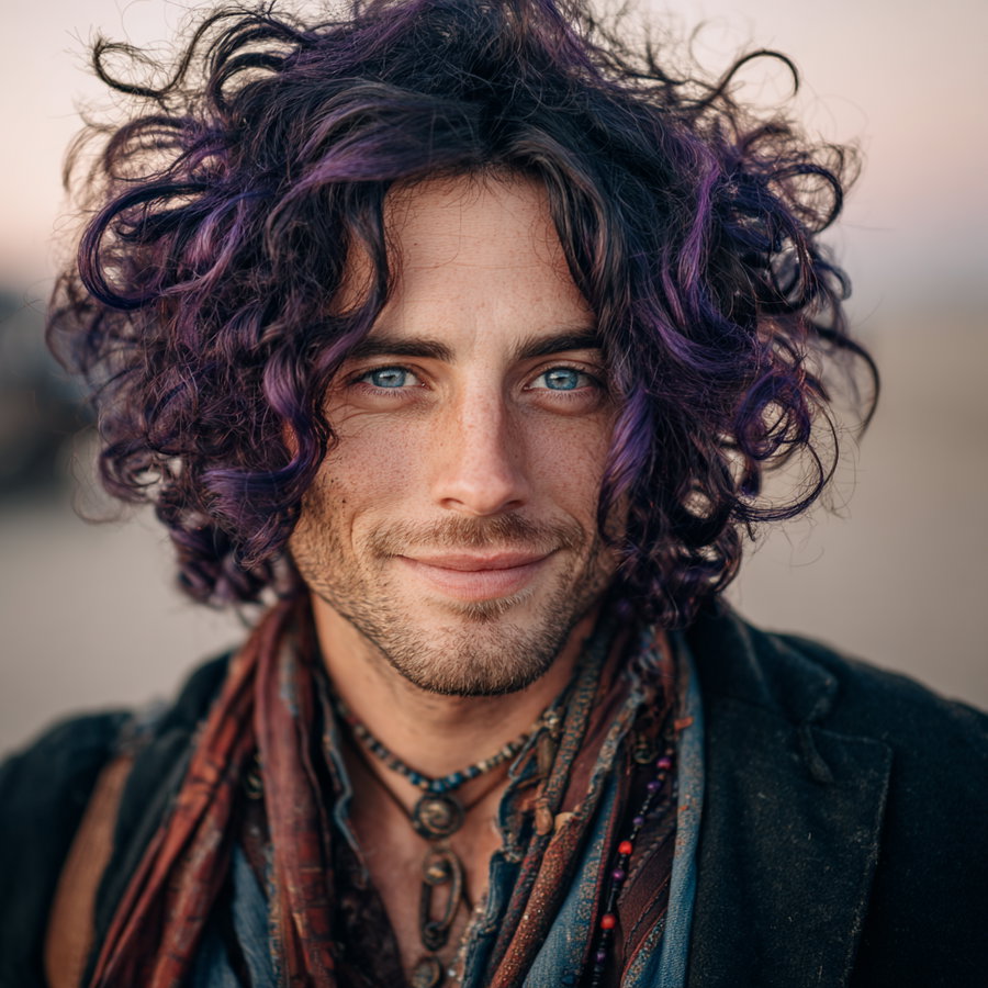 Close-up image of a smiling man with curly purple hair, blue eyes, and wearing layered necklaces and a scarf