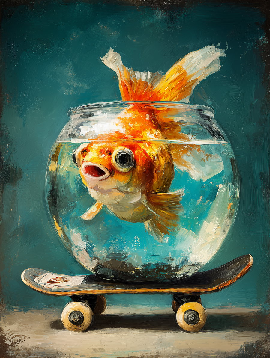 Oil painting depicting an orange and white goldfish inside a round glass bowl placed on a small skateboard against a dark teal background