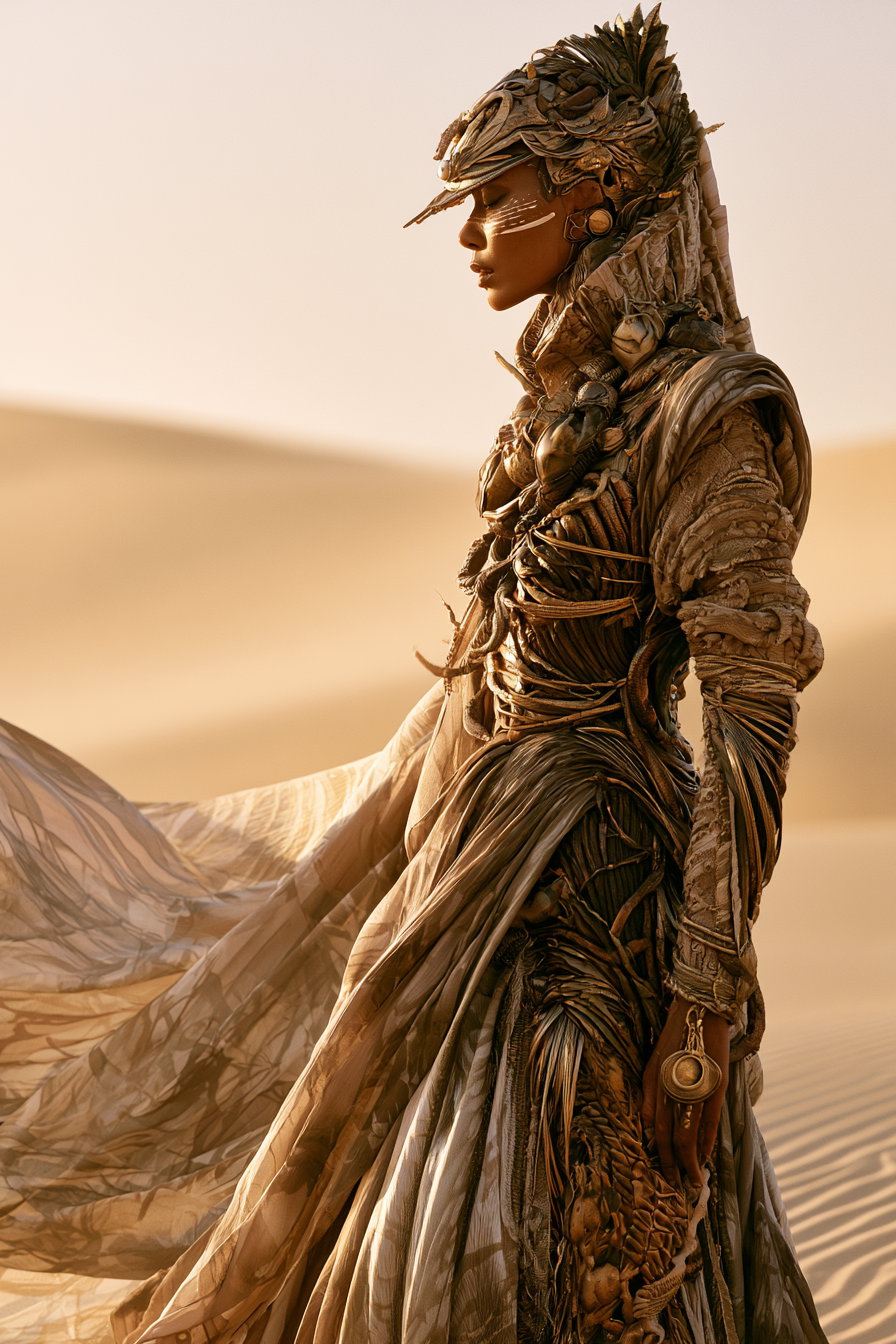 Side view of a person wearing an intricate costume made of textured materials and wooden elements, with face paint and a large flowing garment, set against a desert background with sand dunes.