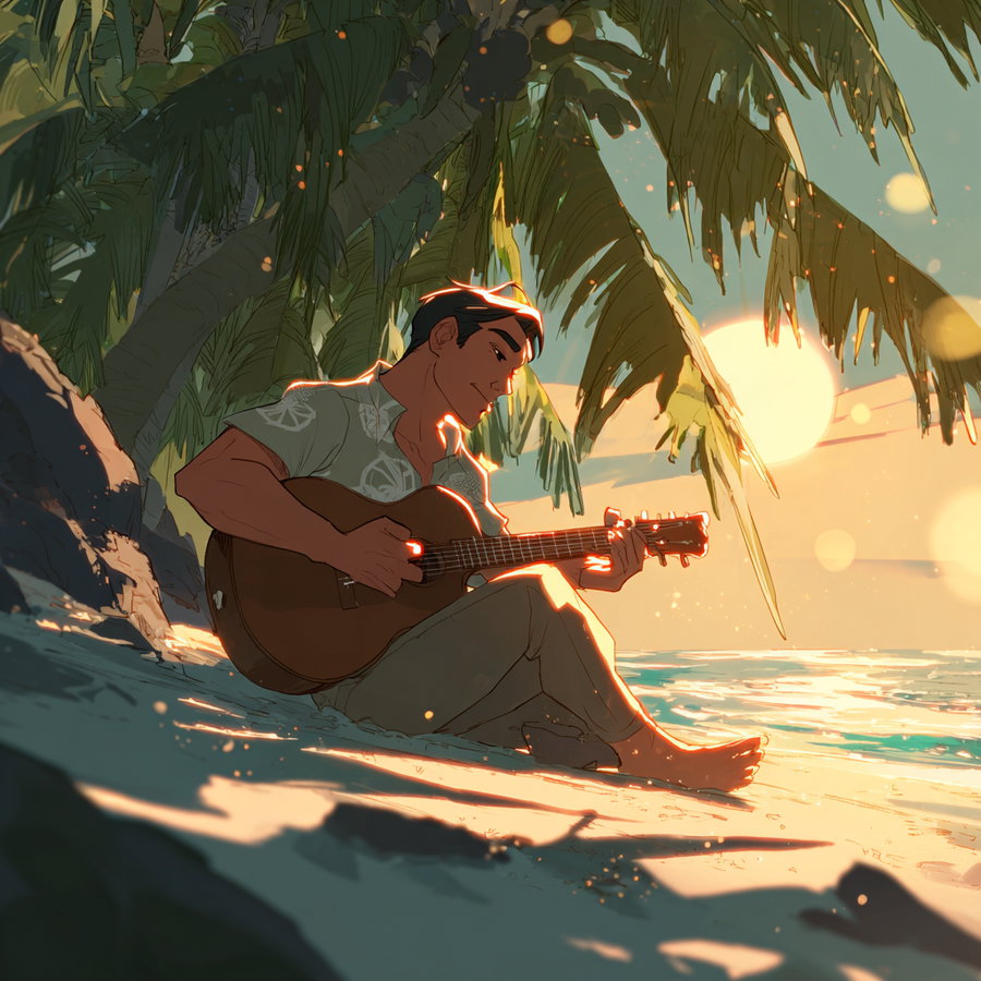 A man sitting on a sandy beach under palm trees playing an acoustic guitar during a warm sunset with the sun low in the sky and ocean waves gently lapping the shore